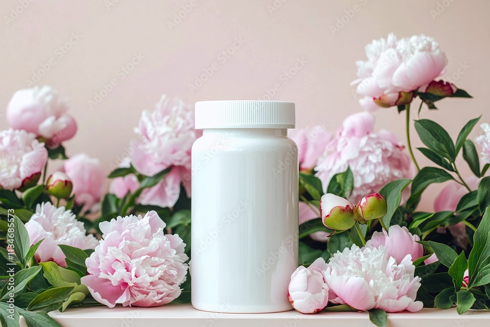 a blank white supplement bottle mockup on pink background with peonies a blank white supplement bottle mockup on pink background with peonies
