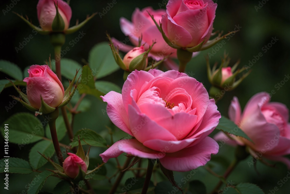 Cluster of roses and ferns in lush garden scene Cluster of roses and ferns in lush garden scene