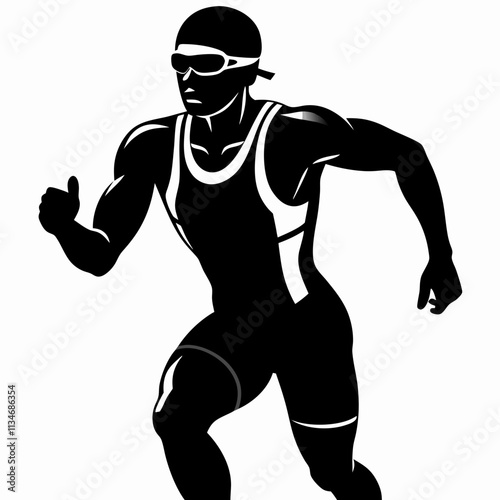 Female triathlete in dynamic running stride. Athletic figure shows determination in competition gear. Sports concept: Triathlon club, Fitness center, Running team