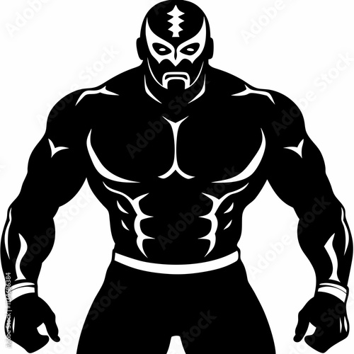  Masked muscular wrestler in symmetrical vector silhouette, ideal for fight night posters, sports merchandise or pop culture branding. Concept: wrestling event graphics, lucha libre visuals, character