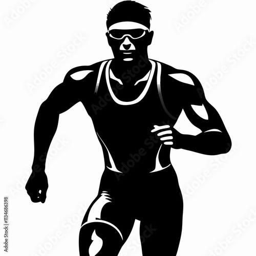 Powerful athlete sprinting in determined stance. Muscular runner wearing competition gear showing intense focus. Concept: fitness training, sports performance, athletic wear
