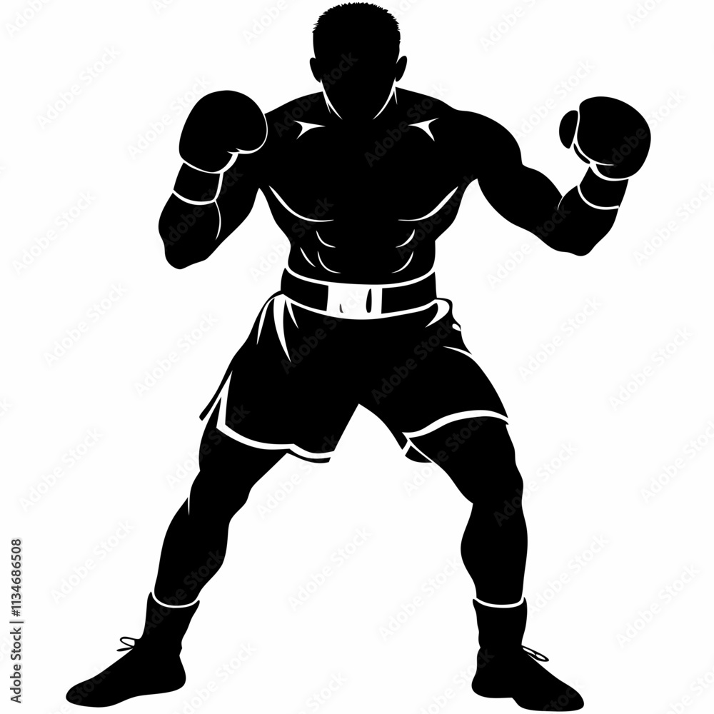 Naklejka premium Powerful boxer maintains fighting stance with raised gloves. Muscular athlete shows combat readiness in dramatic pose. Fight sports concept for boxing gyms, fitness centers, martial arts
