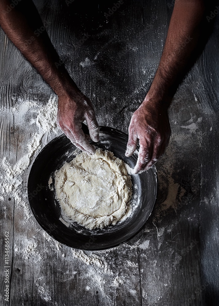 Fototapeta premium Dark skinned men's hands knead the dough