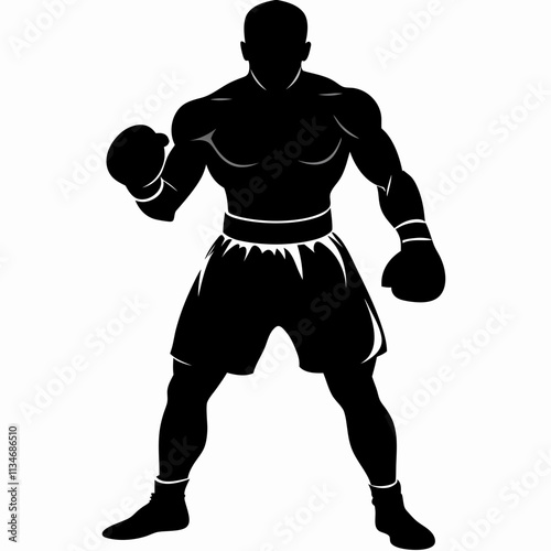 Male boxer in strong silhouette pose with gloves raised, vector graphic for fight sport branding, gym visuals or personal trainer icons. Concept: combat sport identity, boxing promotion, strength