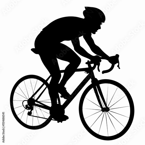 Cyclist in action, dynamic silhouette in black color with copy space