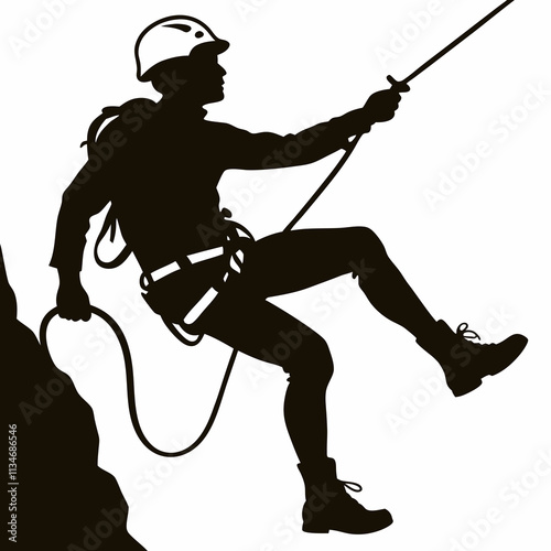 Rock climber descending, adventurous silhouette in black color with copy space