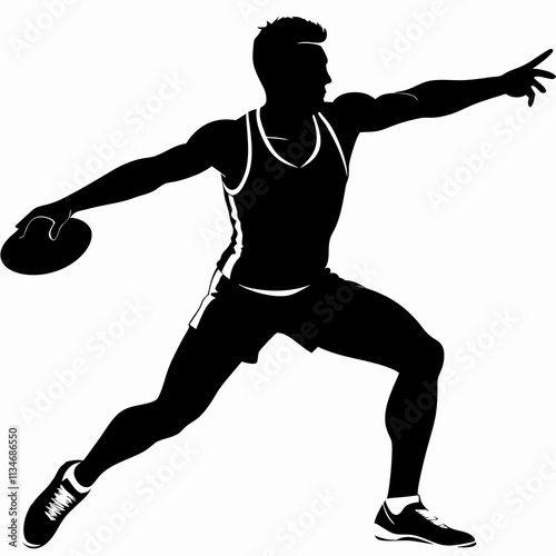 Male athlete performs powerful discus throw motion. Dynamic sports silhouette captures peak athletic moment. Concept: Sports equipment, Olympic training, Athletic performance
