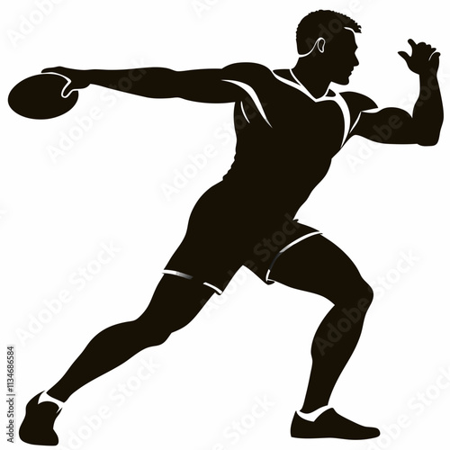 Discus thrower in action, dynamic male silhouette in black color with copy space