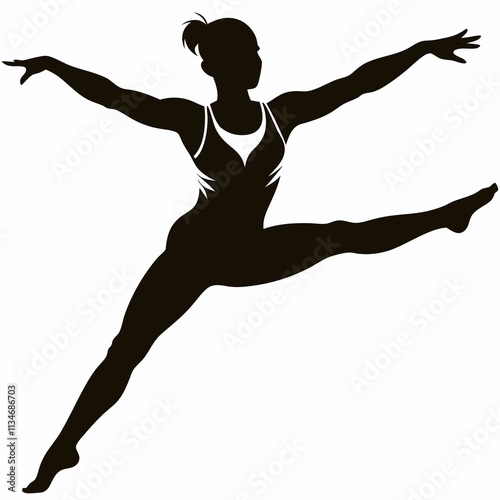 Elegant gymnast silhouette performing a leap, vector artwork for performance branding, fitness posters or dance academy design. Concept: grace in motion visuals, artistic sport content, acrobatics cam