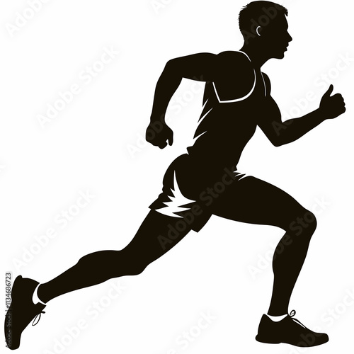 Athletic male runner silhouette in dynamic stride position. Modern minimal black design on white background. Sport fitness concept for running clubs, marathons, health apps