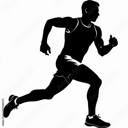 Silhouette of male sprinter in mid-stride pose, shown in side profile Vector graphic designed for athletics, fitness branding, performance campaigns Concepts running, sprint, speed, athlete