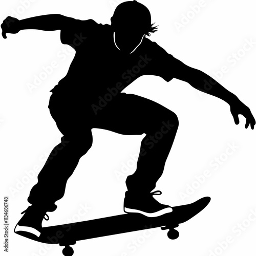 Silhouette of skateboarder in mid-air, dynamic vector for extreme sports branding, youth culture visuals or urban style posters. Concept: skateboarding campaign, lifestyle apparel graphics, action spo
