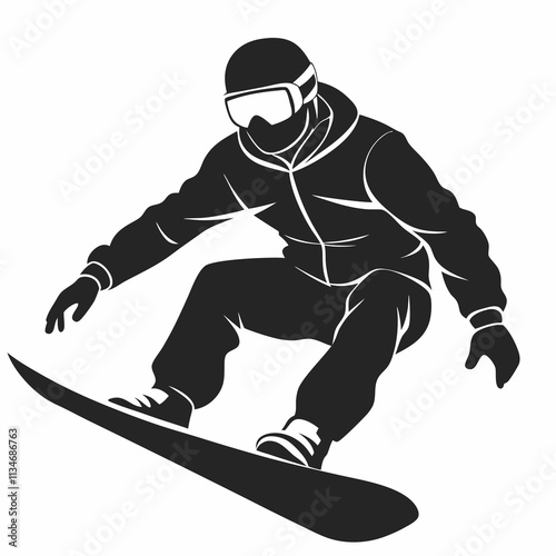 Retro snowboarder silhouette executing stylish aerial maneuver. Vintage design aesthetic with dynamic movement. Winter lifestyle concept for sports brands, resort marketing