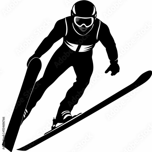 Ski jumper in action, focused and athletic, preparing for a jump, isolated background