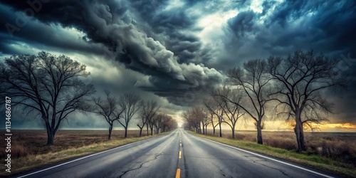 A solitary road stretches out beneath a dramatic sky, lined with bare trees and casting long shadows on the horizon