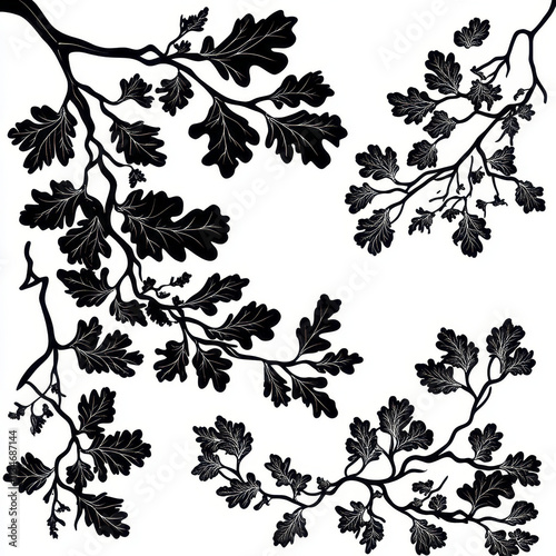 Black oak tree branches with leaves in decorative design