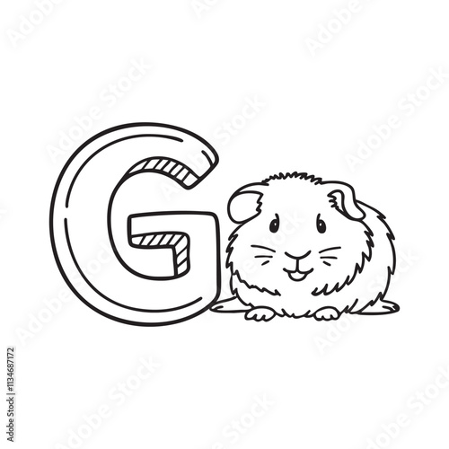 An illustration of letter G beside a guinea pig