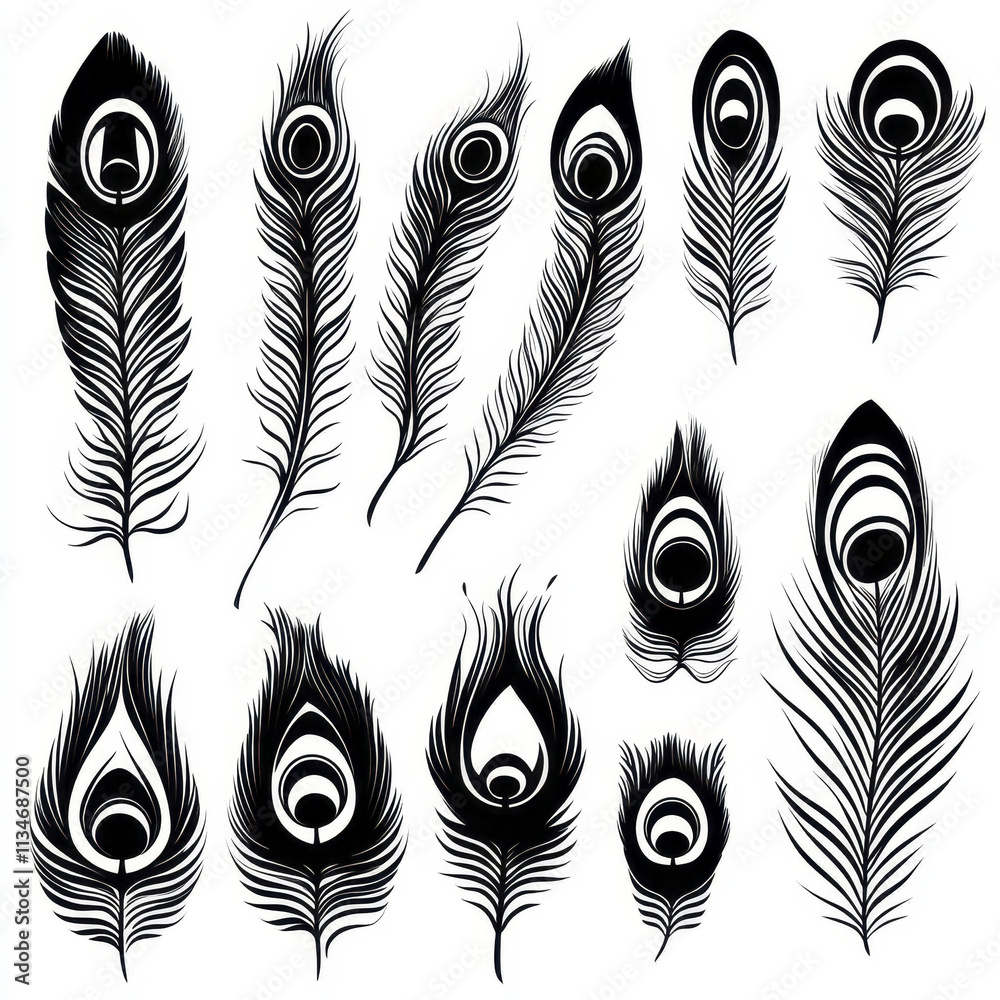 Elegant black peacock feather patterns in various designs and shapes Elegant black peacock feather patterns in various designs and shapes