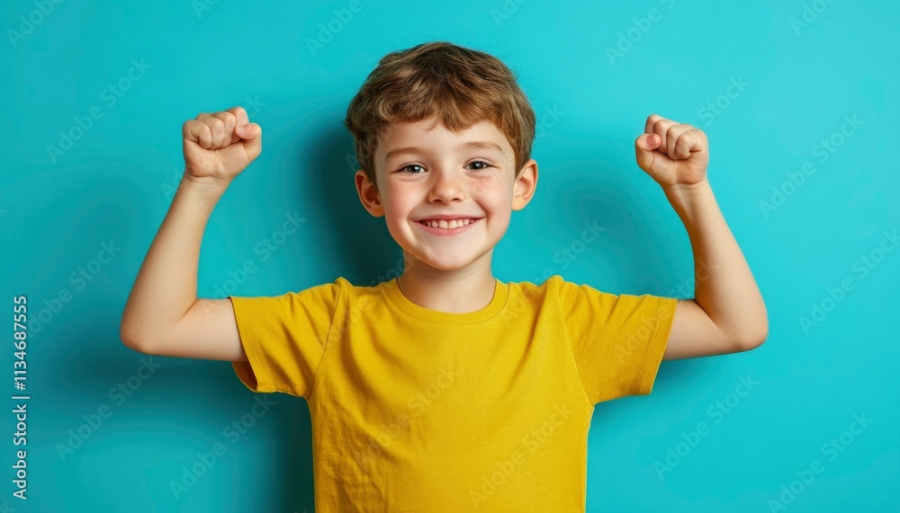 Happy Boy Shows Strength With Fists Raised High Happy Boy Shows Strength With Fists Raised High