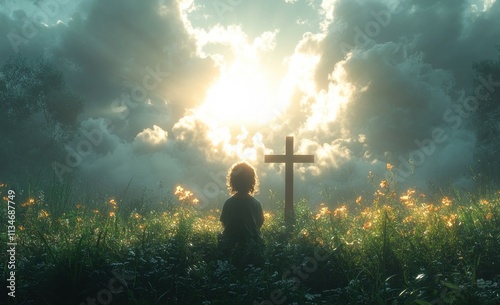 Child in Prayer Before Wooden Cross in Lush Field with Raised Arms Thanking Heavenly Father