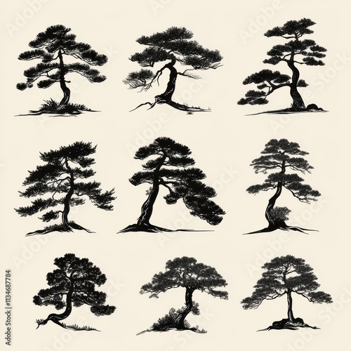 Silhouettes of pine trees in various artistic styles and shapes
