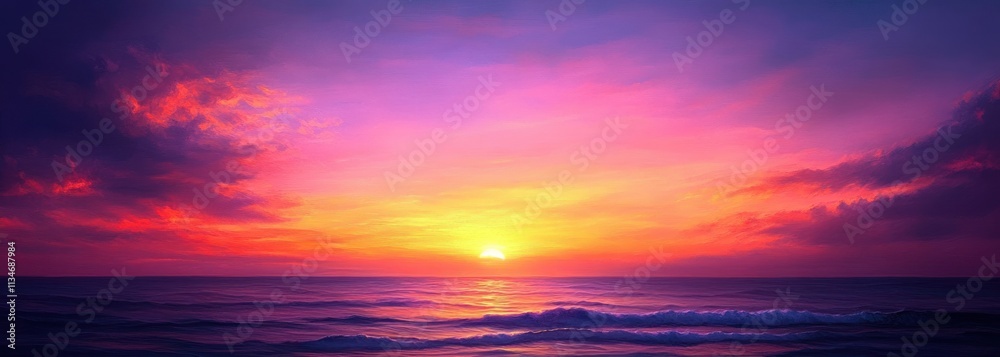 Serene Sunset Over Ocean with Pastel Colors and Deep Purples Warm Oranges Gentle Waves Peaceful Sky