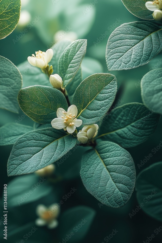 Ethereal Botanical Illustration of Green Leaves and White Flowers with Soft Watercolor Style Ethereal Botanical Illustration of Green Leaves and White Flowers with Soft Watercolor Style