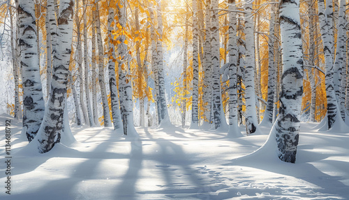 Captivating winter scene of birch trees with snow-covered yellow leaves, sunlit forest bathed in soft light, casting intricate patterns on the snow-covered ground.
