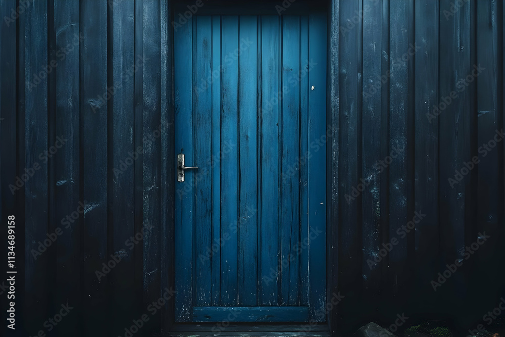 Blue wooden door on dark wood wall. Blue wooden door on dark wood wall.
