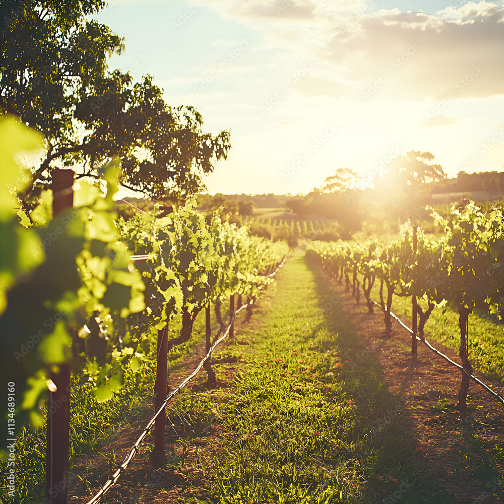 Naklejka premium Sunset vineyard rows nature landscape serene viewpoint