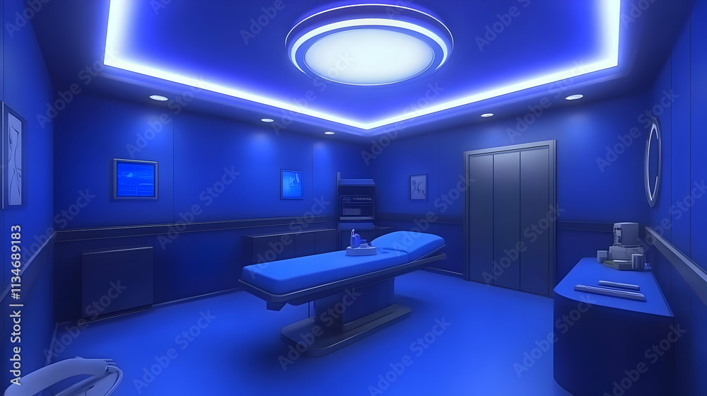 Blue-lit medical examination room with table, equipment, and door. Blue-lit medical examination room with table, equipment, and door.