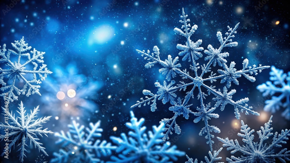 A delicate snowflake with intricate patterns, a symbol of winter's beauty, glows in the soft light of a snowy night.