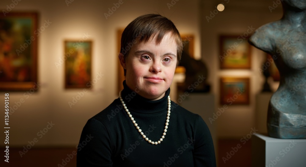 Young caucasian woman with down syndrome in art gallery setting, wearing black turtleneck and pearls