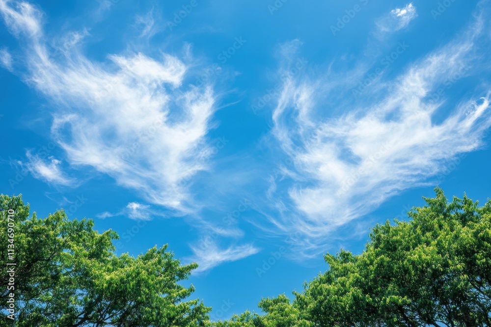 Vibrant Blue Sky Adorned With Wispy Clouds and Lush Green Trees Vibrant Blue Sky Adorned With Wispy Clouds and Lush Green Trees