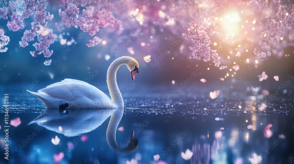 Fototapeta premium Serene Swan Reflecting in Tranquil Spring Waters