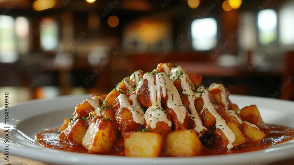 Fototapeta premium Delicious Spicy Potatoes Bravas with Aioli