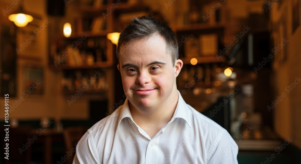 Young caucasian male with down syndrome smiling in cozy cafe setting Young caucasian male with down syndrome smiling in cozy cafe setting