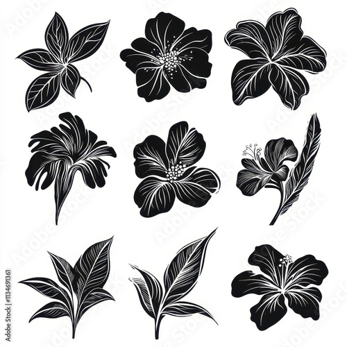 Black and white tropical flower illustrations in grid layout