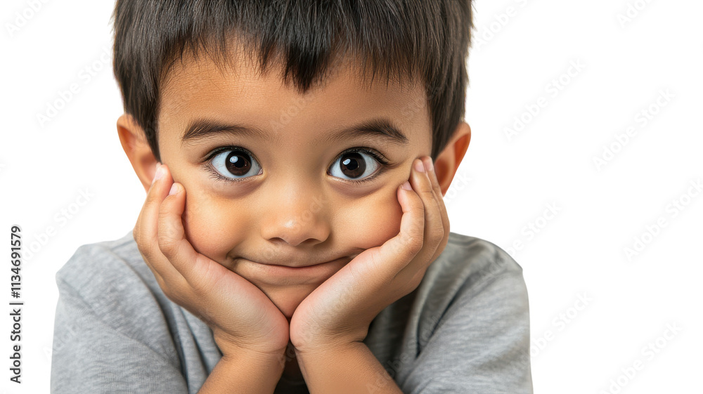 A young child with a playful expression resting their chin on their hands and smiling cheerfully, captured in a bright atmosphere at home. A young child with a playful expression resting their chin on their hands and smiling cheerfully, captured in a bright atmosphere at home.