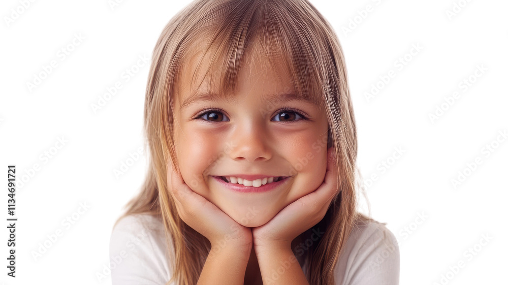 Cheerful young girl smiling brightly while resting her chin on her hands, captured in a simple and clean setting. Cheerful young girl smiling brightly while resting her chin on her hands, captured in a simple and clean setting.