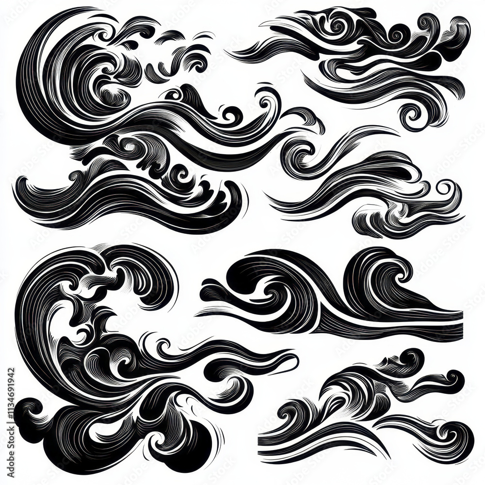 Stylized black and white wave designs with flowing patterns and curves Stylized black and white wave designs with flowing patterns and curves