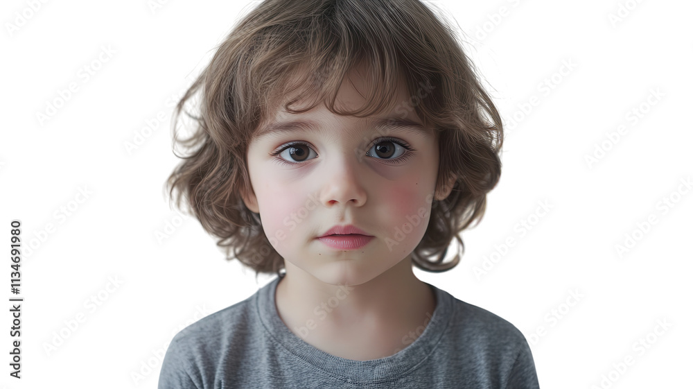 A young child with curly hair and a gray shirt standing against a plain background, looking directly at the viewer with a thoughtful expression. A young child with curly hair and a gray shirt standing against a plain background, looking directly at the viewer with a thoughtful expression.