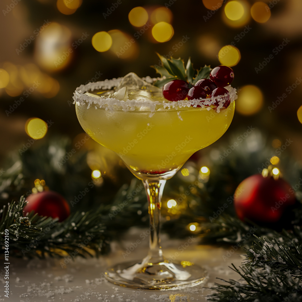 A festive margarita with a salted rim and cranberry garnish, sitting on a table adorned with Christmas wreath decorations and glowing bokeh lights isolated on white background. A festive margarita with a salted rim and cranberry garnish, sitting on a table adorned with Christmas wreath decorations and glowing bokeh lights isolated on white background.