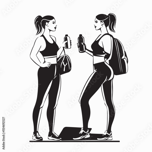 
Two Beautiful Female Friends Exercising While Holding Sports Bags, Yoga Mats, and Water Bottles Vector on White Background