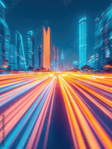 Futuristic Cityscape Night Drive Light Trails Modern Architecture