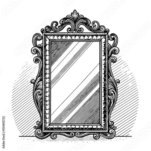 "Intricate ornamental frame featuring elegant swirling patterns and delicate floral motifs. Detailed vintage-style border with symmetrical flourishes, 