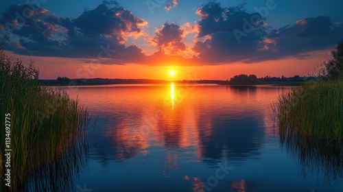 A serene sunset over a calm lake, reflecting vibrant colors and surrounded by lush grass.