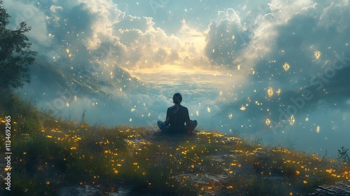 Visionary scene of Clovis vision quest a lone figure meditating on a hillside surrounded by spiritual symbols in the wind dreamlike yet grounded in nature