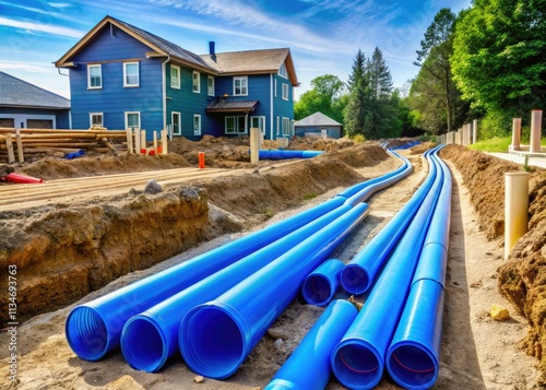 New home?  PVS Blue pipe septic system installation underway at construction site. photo