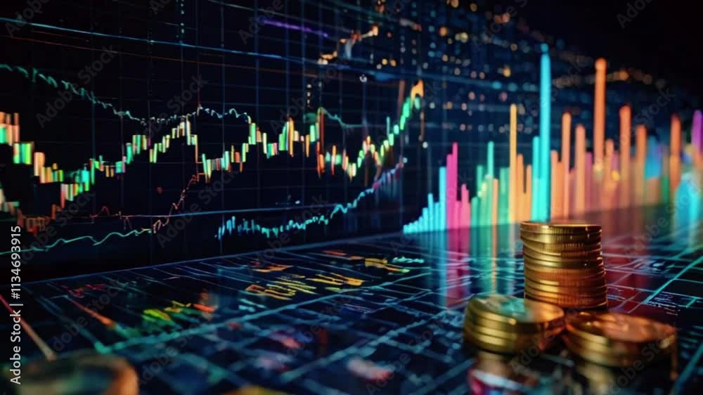 Holographic financial charts featuring coins and stock market data, illustrating investment trends, profit growth, and economic indicators, 4k Wallpaper Background Animation Video